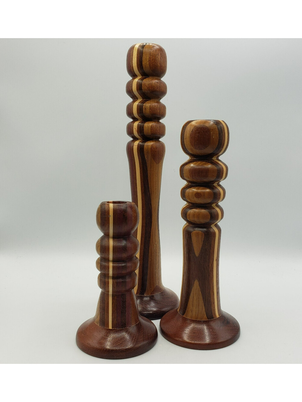 3 Graduated Size Lathe Turned Wood Candle Sticks Holders Laminated Inlay Taper
